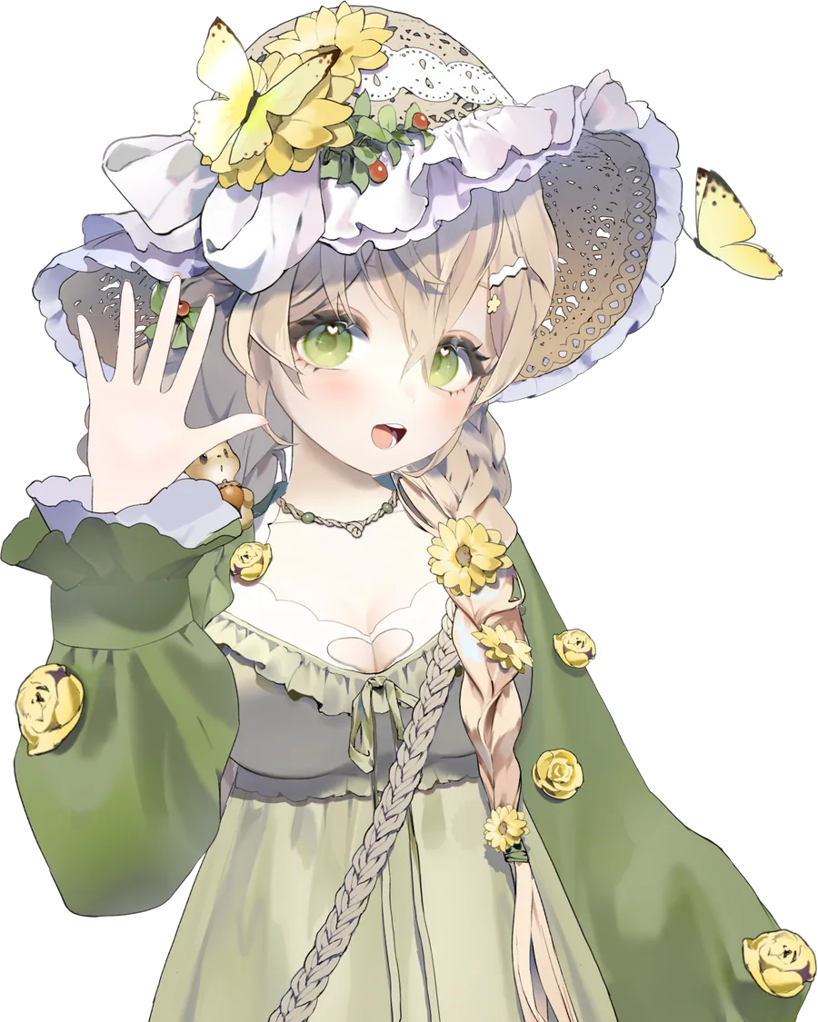 Lunti Bibi waving hello in her sunhat and green cardigan