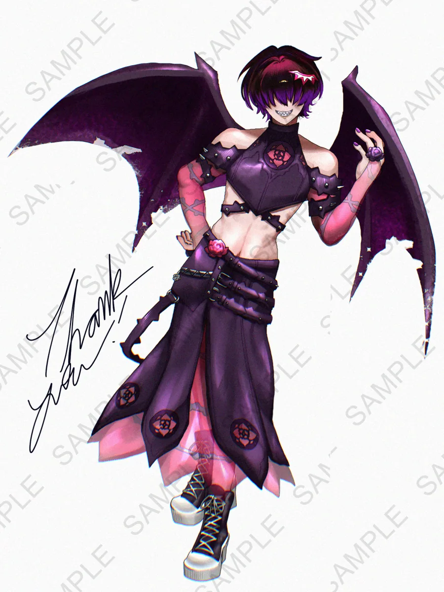 A grinning demon with big purple bat wings, a spiked crop top, and platform boots, hand on hip. Full body commission for itzstardust.