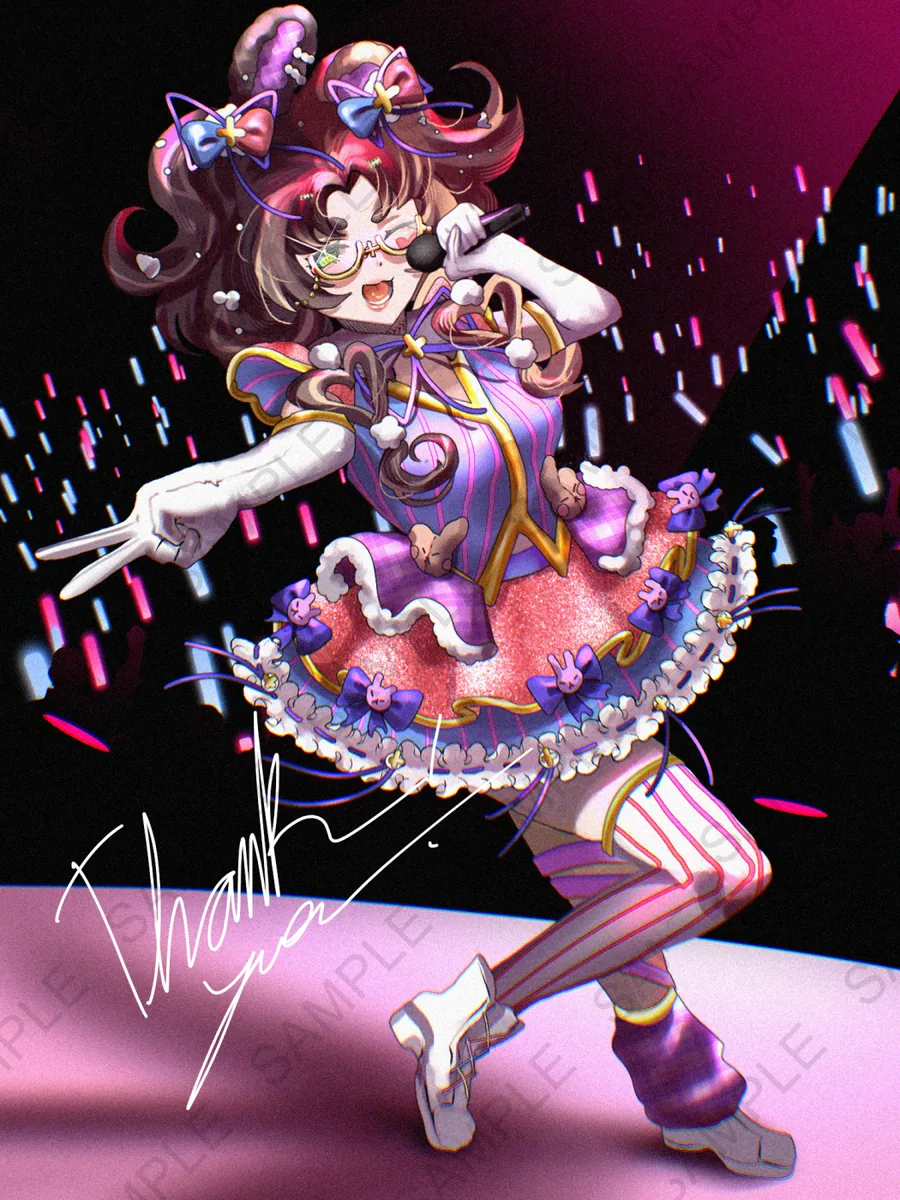 An idol in a frilly purple and pink stage outfit mid-song, mic in hand, throwing a peace sign over a crowd of glowsticks. Full body commission for overlordie.