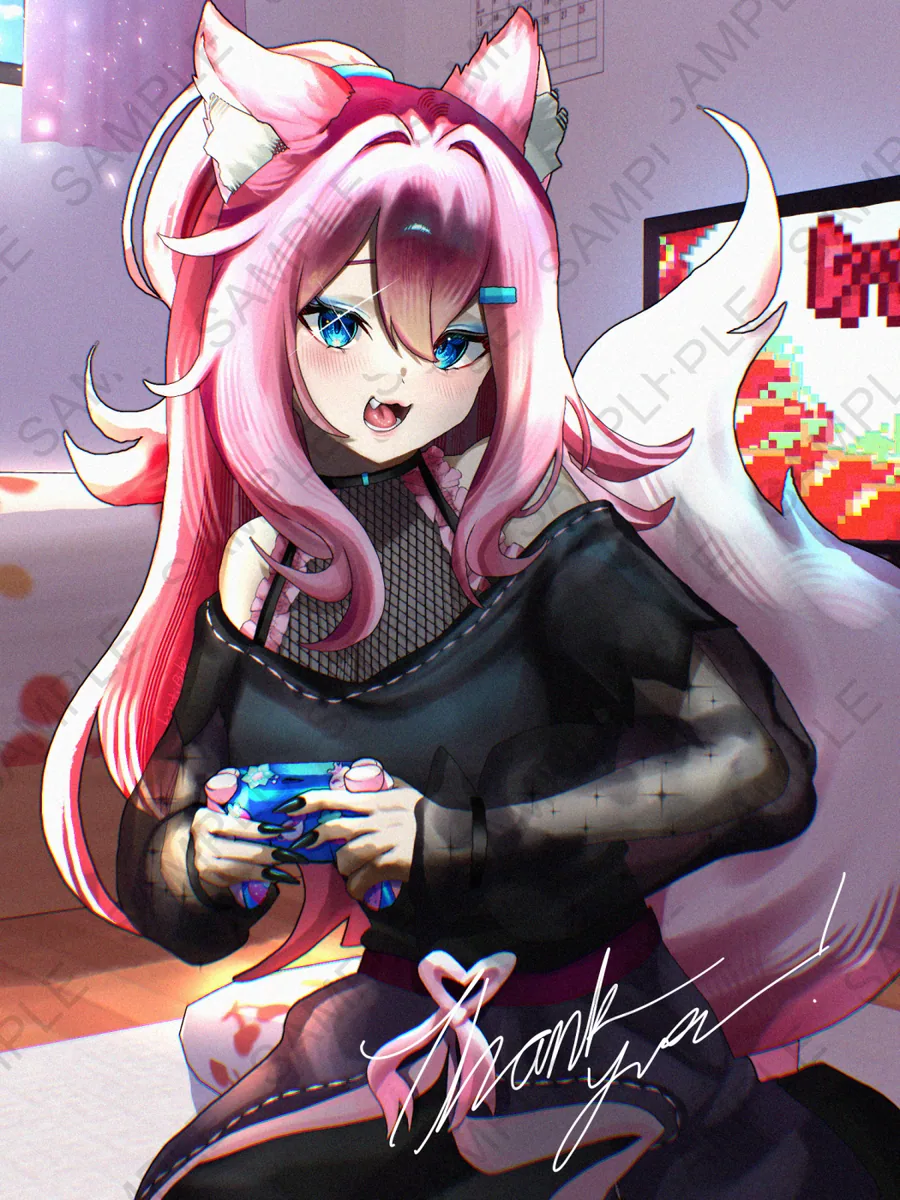 A pink-haired fox girl in an off-shoulder black top holding a game controller, a pixel game on the screen behind her. Half body commission for Spedia.