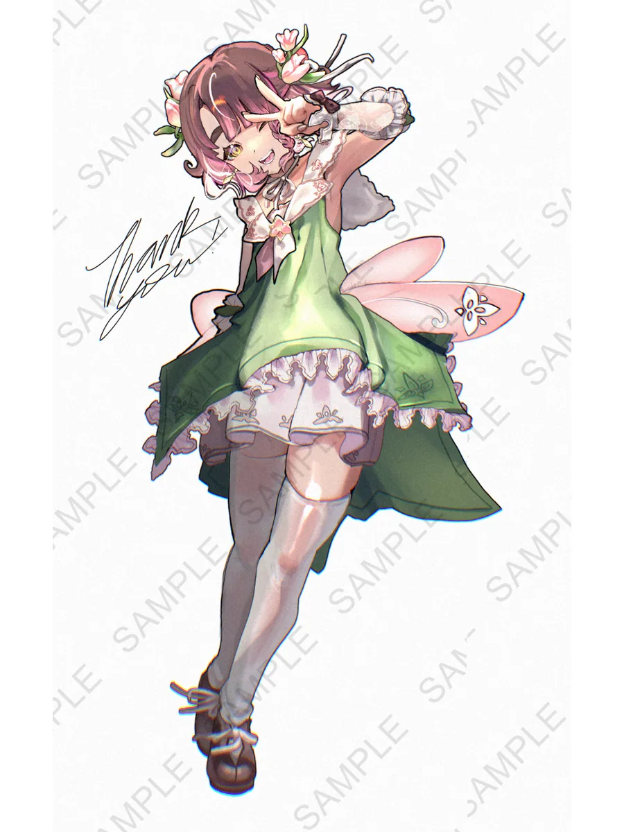 A girl with pink-tipped hair and flower clips in a green dress and thigh-high socks, winking with a peace sign. Full body commission for thejimmycan.
