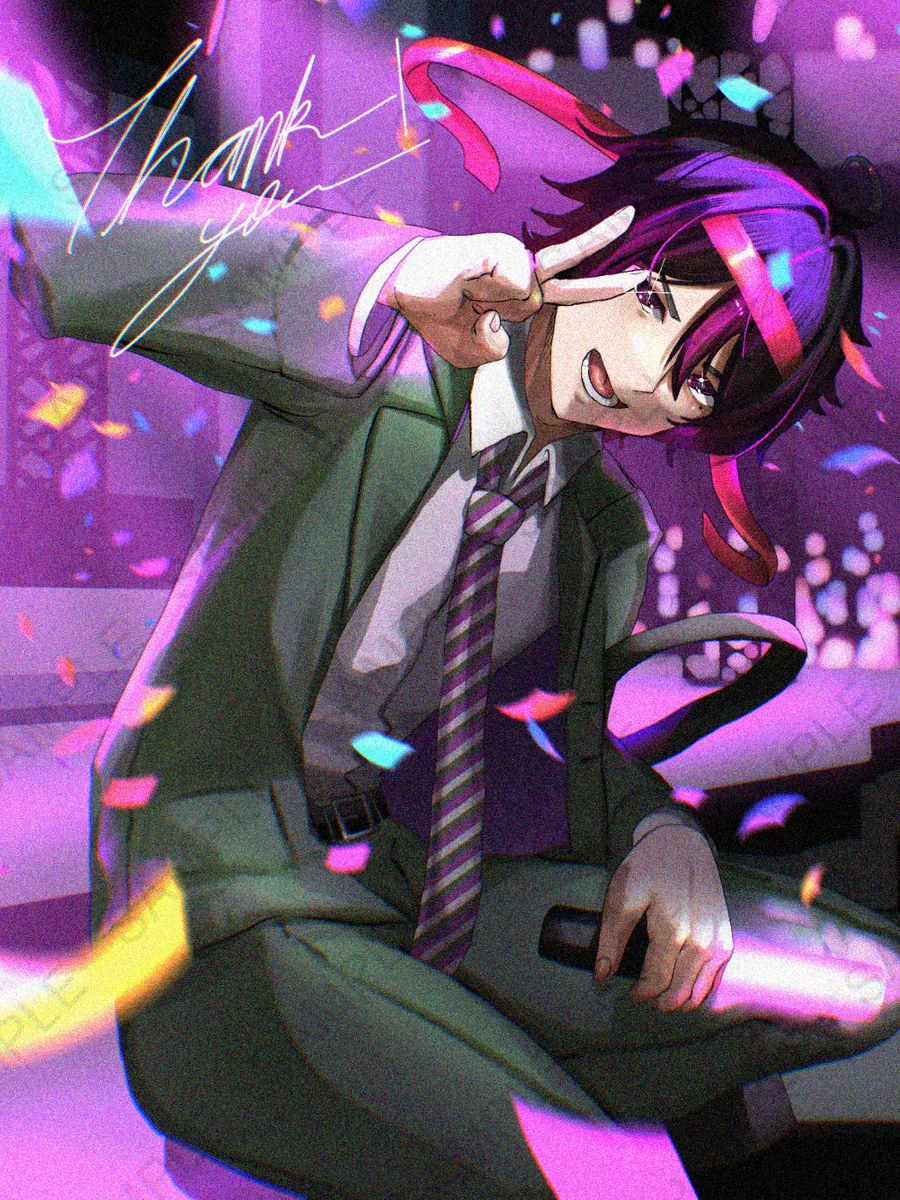 A boy in a grey suit and striped tie throwing a peace sign under falling confetti, purple stage lights behind him. Half body commission for Wingle.