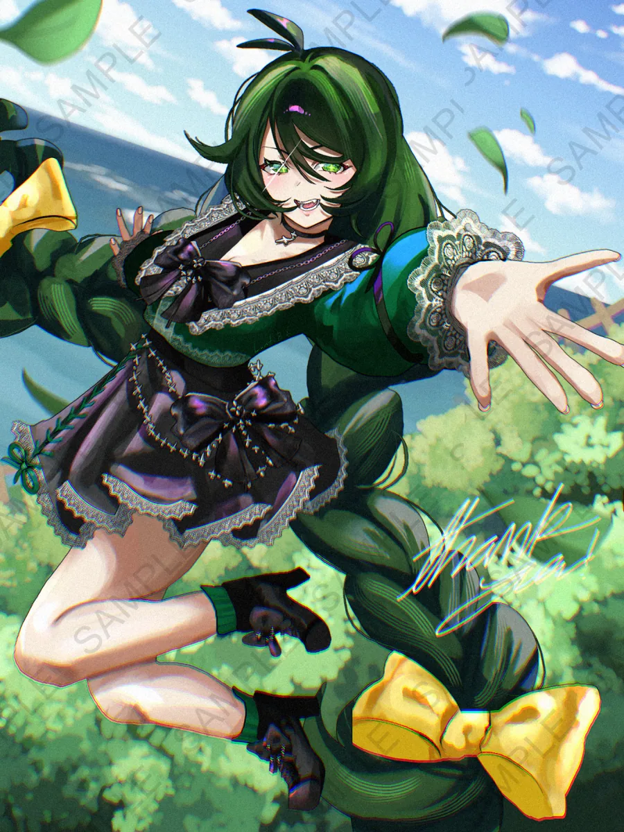 A green-haired girl with long braids and yellow bows reaching out toward you, blue sky and sea behind her. Full body commission for wren.