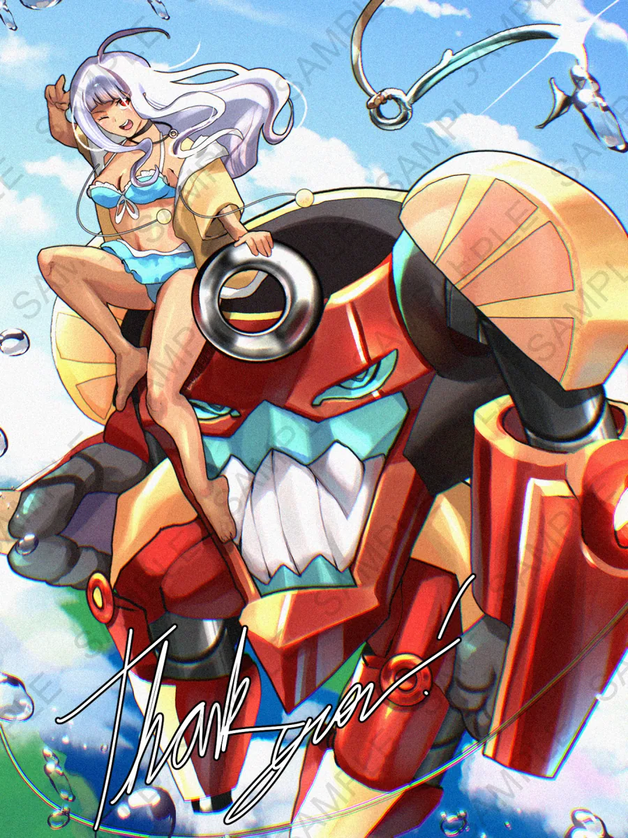 A white-haired girl in a blue bikini riding a huge red and gold mech crab through the sky, fish hooks and bubbles around her. Full body commission for yune8.