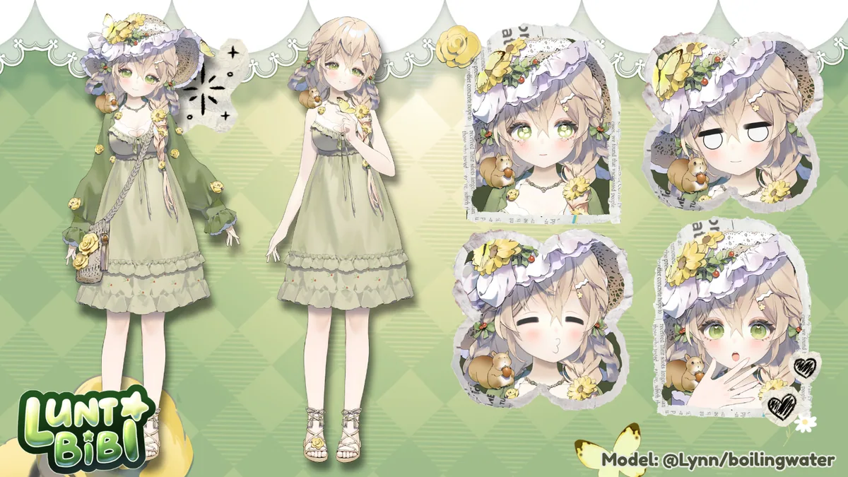 Lunti Bibi reference sheet: full body turnaround with and without her green cardigan, plus four expression stickers