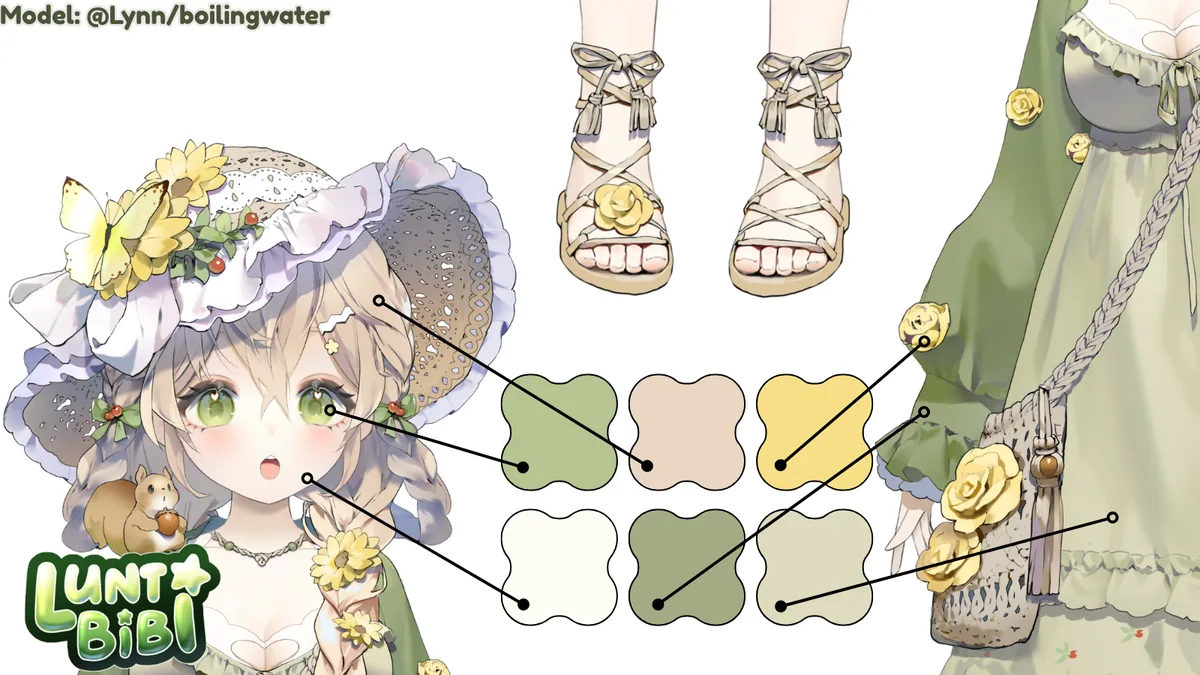 Lunti Bibi design details: face close-up, six colour swatches, strappy sandals, and her woven flower bag